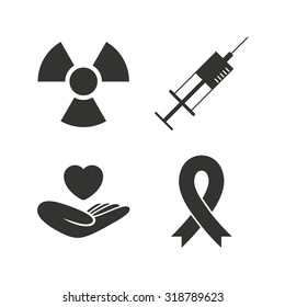 Medicine icons. Syringe, life insurance, radiation and ribbon signs. Breast cancer awareness symbol. Hand holds heart. Flat icons on white. Vector