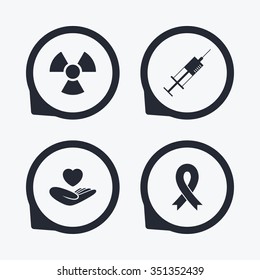 Medicine icons. Syringe, life insurance, radiation and ribbon signs. Breast cancer awareness symbol. Hand holds heart. Flat icon pointers.