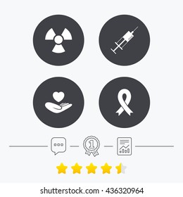 Medicine icons. Syringe, life insurance, radiation and ribbon signs. Breast cancer awareness symbol. Hand holds heart. Chat, award medal and report linear icons. Star vote ranking. Vector