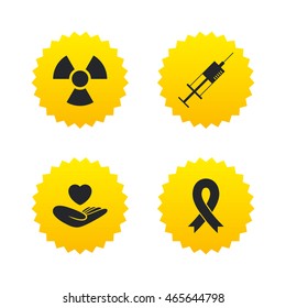 Medicine icons. Syringe, life insurance, radiation and ribbon signs. Breast cancer awareness symbol. Hand holds heart. Yellow stars labels with flat icons. Vector