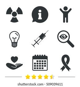 Medicine icons. Syringe, life insurance, radiation and ribbon signs. Breast cancer awareness symbol. Hand holds heart. Information, light bulb and calendar icons. Investigate magnifier. Vector