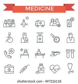 Medicine icons, thin line flat design