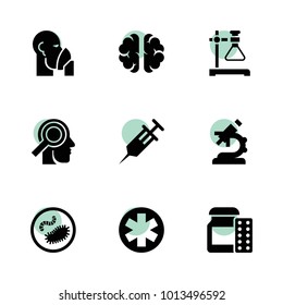 Medicine icons. vector collection filled medicine icons set.. includes symbols such as syringe, medicine, brain, medical, microscope. use for web, mobile and ui design.