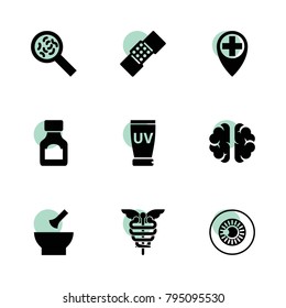 Medicine icons. vector collection filled medicine icons set.. includes symbols such as medicine bottle, brain, medical location, medical. use for web, mobile and ui design.