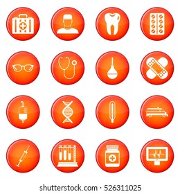 Medicine icons vector set of red circles isolated on white background