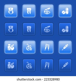 Medicine icons for web on blue buttons.