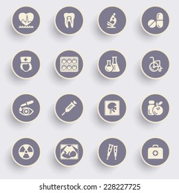 Medicine icons with white buttons on gray background.