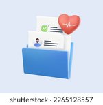 Medicine illustration 3D icons set. 3D Health Insurance contract. Online healthcare services read patients medical history and anamnesis for diagnosis. Electronic health record 3D Vector illustration