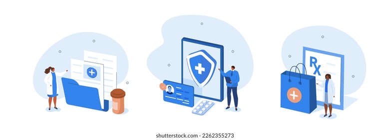 Conjunto de ilustraciones médicas. Médicos que presentan un contrato de seguro de salud con tarjeta de identificación, receta de Rx e historia médica del paciente o anamnesis. Concepto de salud. Ilustración vectorial.