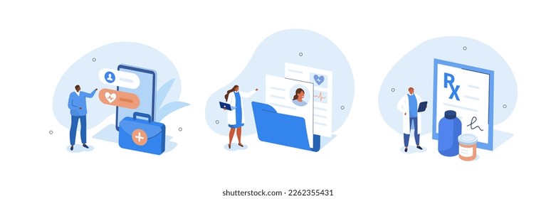 Medicine illustration set. Doctors using online healthcare services to read patients medical history and anamnesis for diagnosis. Electronic health record concept. Vector illustration.