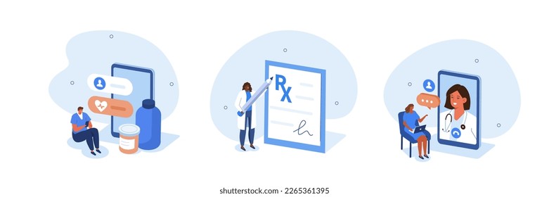 Medicine illustration set. Patients having remotely consultation with physician via telemedicine service. Doctor provide prescription. Online healthcare concept. Vector illustration.