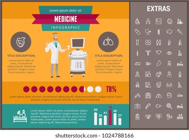 Medicine infographic template, elements and icons. Infograph includes customizable graphs, charts, line icon set with medical stethoscope, disable person, hospital doctor, nurse, first aid kit etc.
