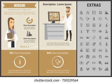 Plantilla infográfica de medicina, elementos e iconos. Infograph incluye gráficos personalizables, gráficos, juegos de iconos de línea con estetoscopio médico, persona discapacitada, médico de hospital, enfermera, kit de primeros auxilios, etc.