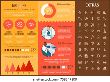 Medicine infographic template, elements and icons. Infograph includes customizable graphs, charts, line icon set with medical stethoscope, disable person, hospital doctor, nurse, first aid kit etc.