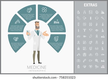 Medicine Infographic Template, Elements And Icons. Infograph Includes Customizable Circular Diagram, Line Icon Set With Medical Stethoscope, Disable Person, Hospital Doctor, Nurse, First Aid Kit Etc.