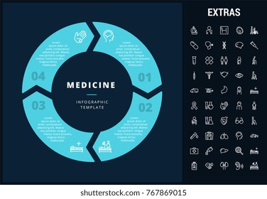 Medicine infographic template, elements and icons. Infograph includes customizable circular diagram, line icon set with medical stethoscope, disable person, hospital doctor, nurse, first aid kit etc.