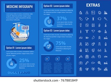 Medicine Infographic Template, Elements And Icons. Infograph Includes Customizable Graphs, Charts, Line Icon Set With Medical Stethoscope, Disable Person, Hospital Doctor, Nurse, First Aid Kit Etc.