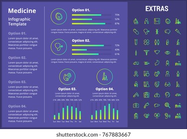 Medicine infographic template, elements and icons. Infograph includes customizable graphs, four options, line icon set with medical stethoscope, disable person, hospital doctor, first aid kit etc.