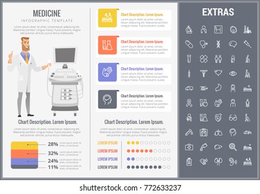 Medicine Infographic Template, Elements And Icons. Infograph Includes Customizable Graphs, Charts, Line Icon Set With Medical Stethoscope, Disable Person, Hospital Doctor, Nurse, First Aid Kit Etc.