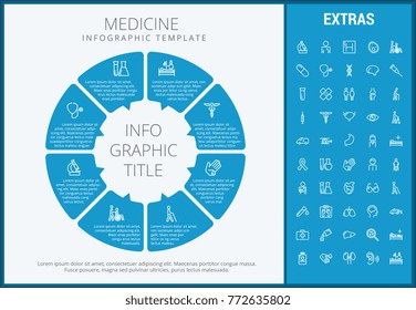 Medicine Infographic Template, Elements And Icons. Infograph Includes Customizable Circular Diagram, Line Icon Set With Medical Stethoscope, Disable Person, Hospital Doctor, Nurse, First Aid Kit Etc.