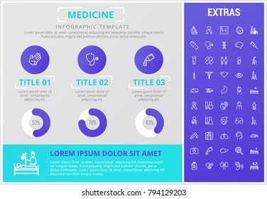 Medicine infographic template, elements and icons. Infograph includes customizable graphs, charts, line icon set with medical stethoscope, disable person, hospital doctor, nurse, first aid kit etc.