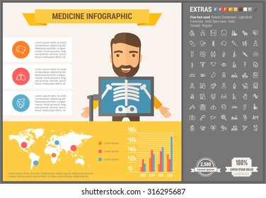 Medicine infographic template and elements. The template includes illustrations of hipster men and huge awesome set of thin line icons. Modern minimalistic flat vector design.
