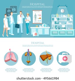 Medicine infographics hospital staff health service surgery operation room human organs operating transplantation vector illustration 