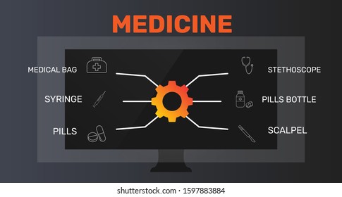 Medicine Infographics vector design. Timeline concept include medical bag, syringe, pills icons. Can be used for report, presentation, diagram, web design.