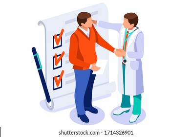 Medicine insurance security care for life. Hospital diagnosis design, health care document filling concept. Document health diagnoses medical insurance. Text and cartoon character vector illustration