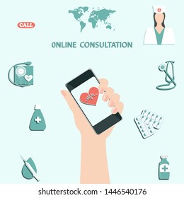 Medicine international online consultation - world map, female hand, smartphone with heart and cardiogram - woman doctor icon, medicines and devices - flat style - vector