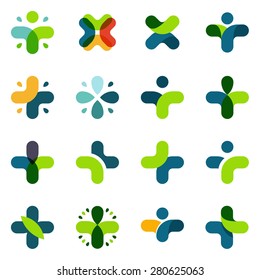 Medicine isolated unusual logos set. Cross vector collection. Abstract plus symbol. 