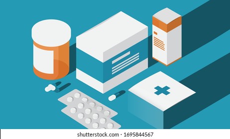 Medicine Isometric Blue Background. Pills, Capsules or Tablets And Vatious Pharmaceutical Packages. Editable Eps Vector Illustration. Flat Minimal Design