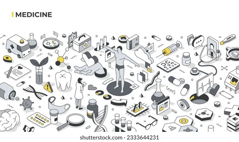 Medicine isometric hero illustration. Innovative technologies for healthcare with AI, biotechnology, advanced treatment via the internet, and cloud-based databases. Medical organization concept