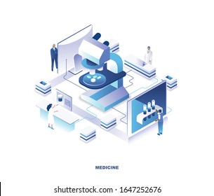 Medicine isometric landing page. Concept of pharmaceutics, pharmaceutical research with tiny people or medics working in laboratory around giant microscope with pills or meds. Vector illustration.