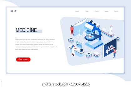Medicine isometric landing page. Modern diagnostics and treatment, laboratory examination and health care. Pharmaceutical technology and devices. Busy people in work situation 3d vector isometry.