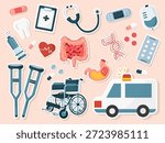 Medicine items cute elements isolated set stickers, Collection of medical equipment stickers