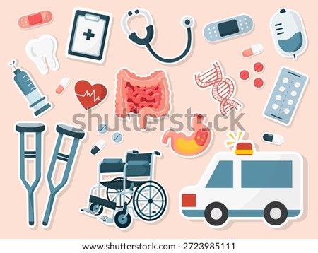 Medicine items cute elements isolated set stickers, Collection of medical equipment stickers