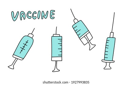 Medicamentos aislados. Jeringas. Ilustración dibujada a mano por vectores en estilo doodle. Concepto de vacunación