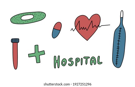 Medicine items isolated. Vector hand drawn illustration in doodle style. Medical first aid kit