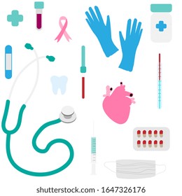 Medicamentos: comprimidos, estetoscopio, termómetro, pipeta, jeringa, yeso adhesivo, matraz, diente, vendaje de gasa, guantes quirúrgicos sin fisuras. Ilustración del vector EPS 10