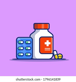 Ilustración Del Icono Del Vector De Caricatura De Medicina Jar Y Pills. Vector Premium Aislado Con Icono De Medicina Sanitaria. Estilo de dibujo plano