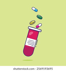 Medicine jar, pills and tablets vector icon illustration. Healthcare medicine icon with flat style design concept