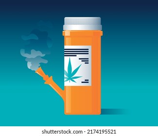 Medicine Jar Represented As A Bong For Smoking Weed Cannabis. Marijuana Pills May Be Better For Pain Relief. Chemotherapy Treatment Concept. Vector Illustration