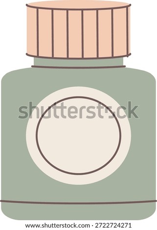 Medicine jar with ribbed cap and empty round label, clean outline and soft shading. Concept of healthcare, pharmacy branding, remedy packaging, wellness product mockup. Cartoon vector illustration.