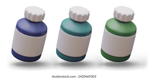 Medicine jar with screw cap. Set of containers of different colors
