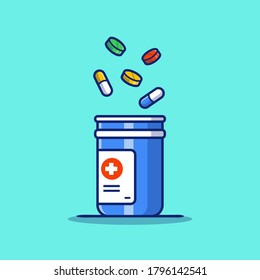 Medicine Jar, Tablets, And Pills Cartoon Vector Icon Illustration. Healthcare Medicine Icon Concept Isolated Premium Vector. Flat Cartoon Style