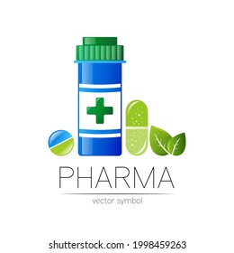 Medicine Jar Vector Logo ECO Symbol Medical Bottle in flat style Pill Design Element for Pharmacy with Organic Leaf