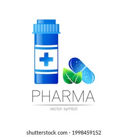Símbolo del logotipo de vectores Jar de Medicina Botella médica de estilo plano Elemento de diseño de píldoras para farmacia de color azul