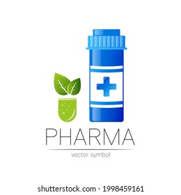 Medicine Jar Vector Logo Symbol Medical Bottle in flat style Pill Design Element for Pharmacy with Organic Leaf