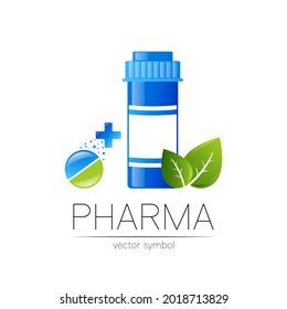 Símbolo del logotipo del vector Jar de Medicina Botella médica de estilo plano Elemento de diseño de píldoras para farmacia con hoja orgánica